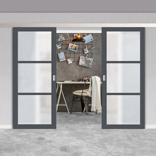 Image: Double Sliding Door & Premium Wall Track - Eco-Urban® Manchester 3 Pane Doors DD6306SG - Frosted Glass - 6 Colour Options
