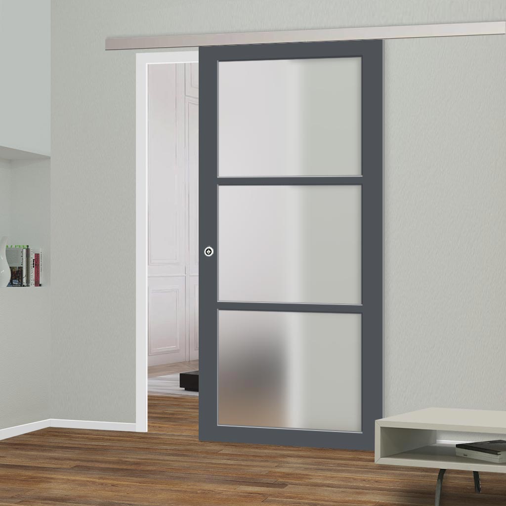 Single Sliding Door & Premium Wall Track - Eco-Urban® Manchester 3 Pane Door DD6306SG - Frosted Glass - 6 Colour Options