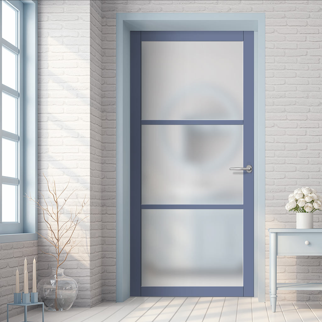 Manchester 3 Pane Solid Wood Internal Door UK Made DD6306SG - Frosted Glass - Eco-Urban® Heather Blue Premium Primed