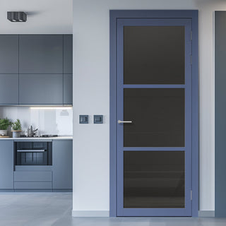 Image: Manchester 3 Pane Solid Wood Internal Door UK Made DD6306 - Tinted Glass - Eco-Urban® Heather Blue Premium Primed
