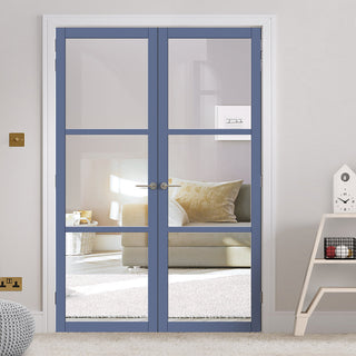 Image: Manchester 3 Pane Solid Wood Internal Door Pair UK Made DD6306G - Clear Glass - Eco-Urban® Heather Blue Premium Primed