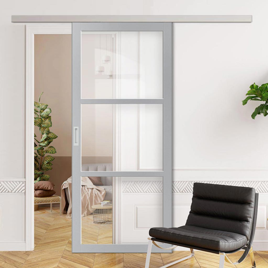 Single Sliding Door & Premium Wall Track - Eco-Urban® Manchester 3 Pane Door DD6306G - Clear Glass - 6 Colour Options
