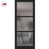 SpaceEasi Top Mounted Black Folding Track & Double Door - Handcrafted Eco-Urban Manchester 3 Pane Solid Wood Door DD6306 - Clear Reeded Glass - Premium Primed Colour Options