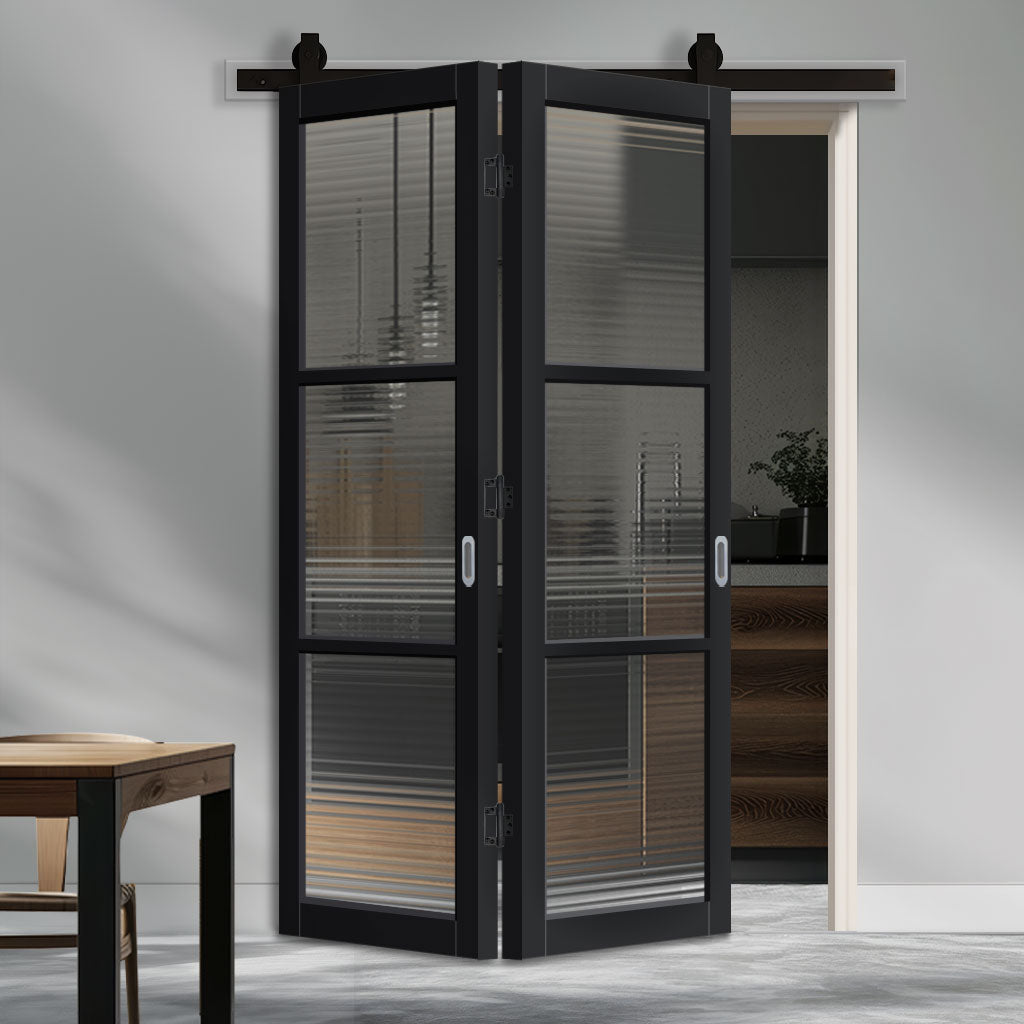 SpaceEasi Top Mounted Black Folding Track & Double Door - Handcrafted Eco-Urban Manchester 3 Pane Solid Wood Door DD6306 - Clear Reeded Glass - Premium Primed Colour Options