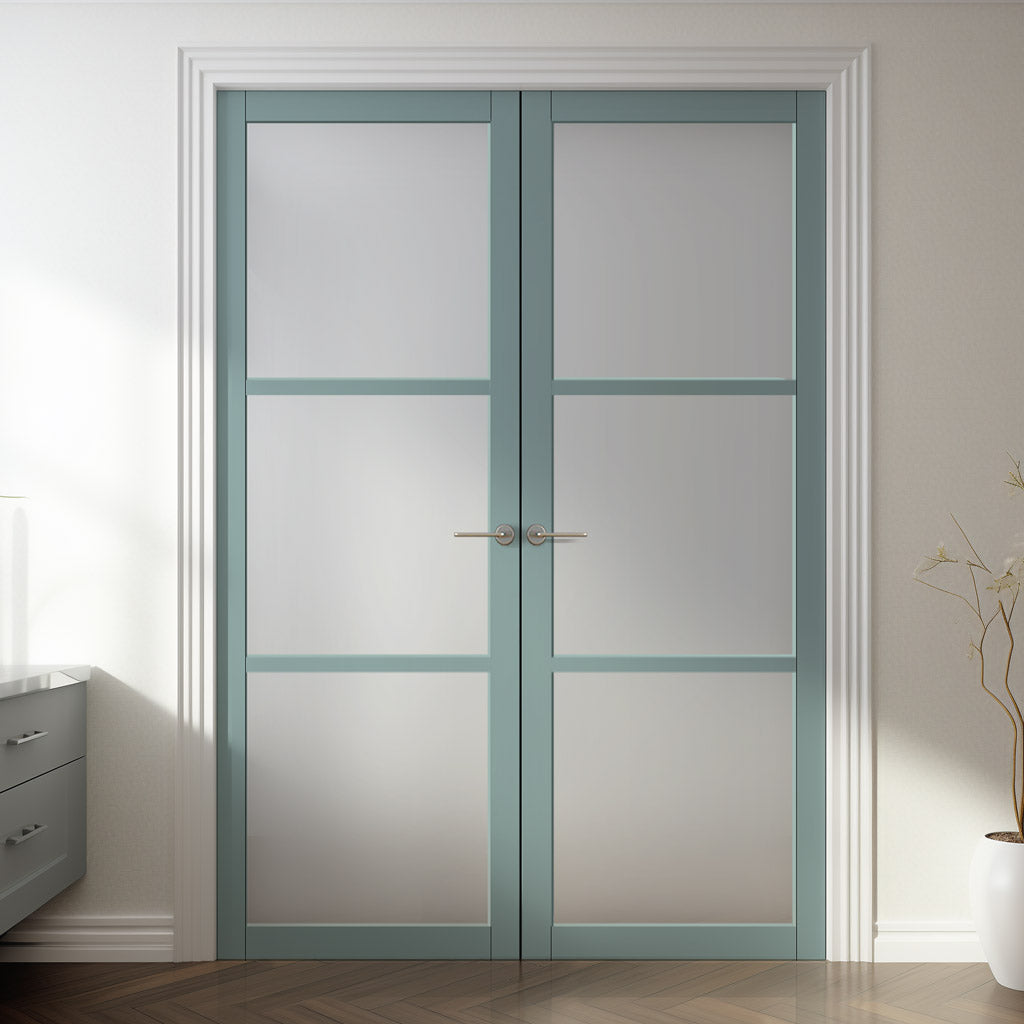 Eco-Urban Manchester 3 Pane Solid Wood Internal Door Pair UK Made DD6306SG - Frosted Glass - Eco-Urban® Sage Sky Premium Primed