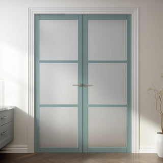 Image: Eco-Urban Manchester 3 Pane Solid Wood Internal Door Pair UK Made DD6306SG - Frosted Glass - Eco-Urban® Sage Sky Premium Primed