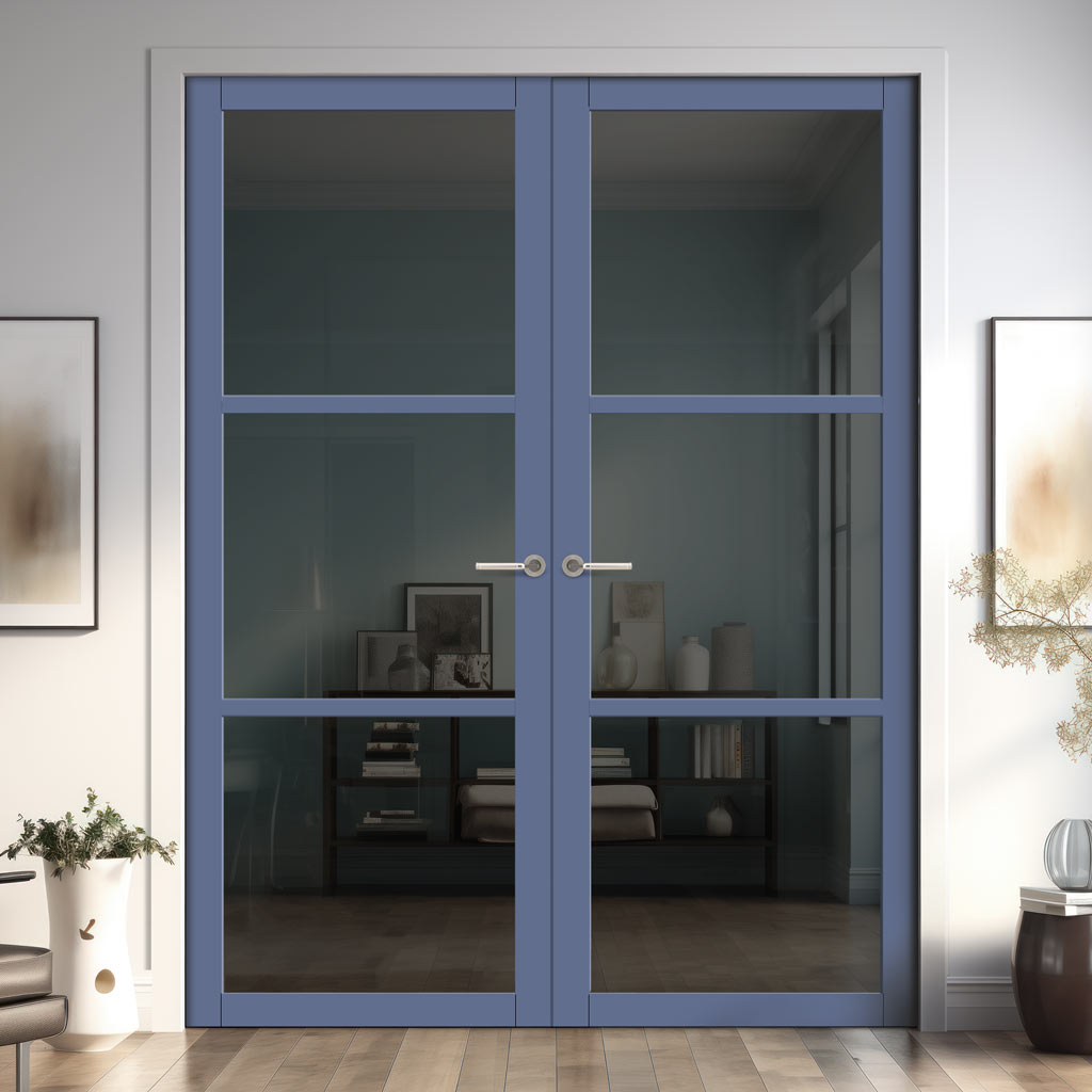 Manchester 3 Pane Solid Wood Internal Door Pair UK Made DD6306 - Tinted Glass - Eco-Urban® Heather Blue Premium Primed