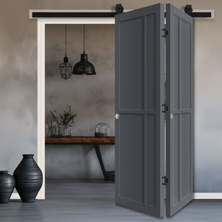 Image: SpaceEasi Top Mounted Black Folding Track & Double Door - Eco-Urban® Marfa 4 Panel Solid Wood Door DD6313 - Premium Primed Colour Options