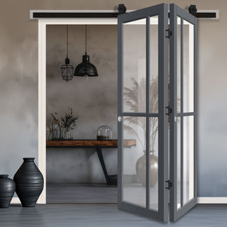 Image: SpaceEasi Top Mounted Black Folding Track & Double Door - Eco-Urban® Marfa 4 Pane Solid Wood Door DD6313G - Clear Glass - Premium Primed Colour Options