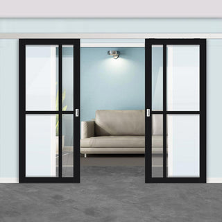 Image: Double Sliding Door & Premium Wall Track - Eco-Urban® Marfa 4 Pane Doors DD6313G - Clear Glass - 6 Colour Options