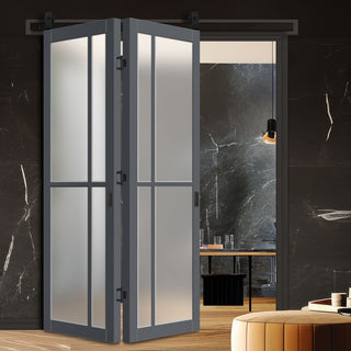 Image: SpaceEasi Top Mounted Black Folding Track & Double Door - Eco-Urban® Marfa 4 Pane Solid Wood Door DD6313SG - Frosted Glass - Premium Primed Colour Options