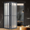 SpaceEasi Top Mounted Black Folding Track & Double Door - Eco-Urban® Marfa 4 Pane Solid Wood Door DD6313SG - Frosted Glass - Premium Primed Colour Options