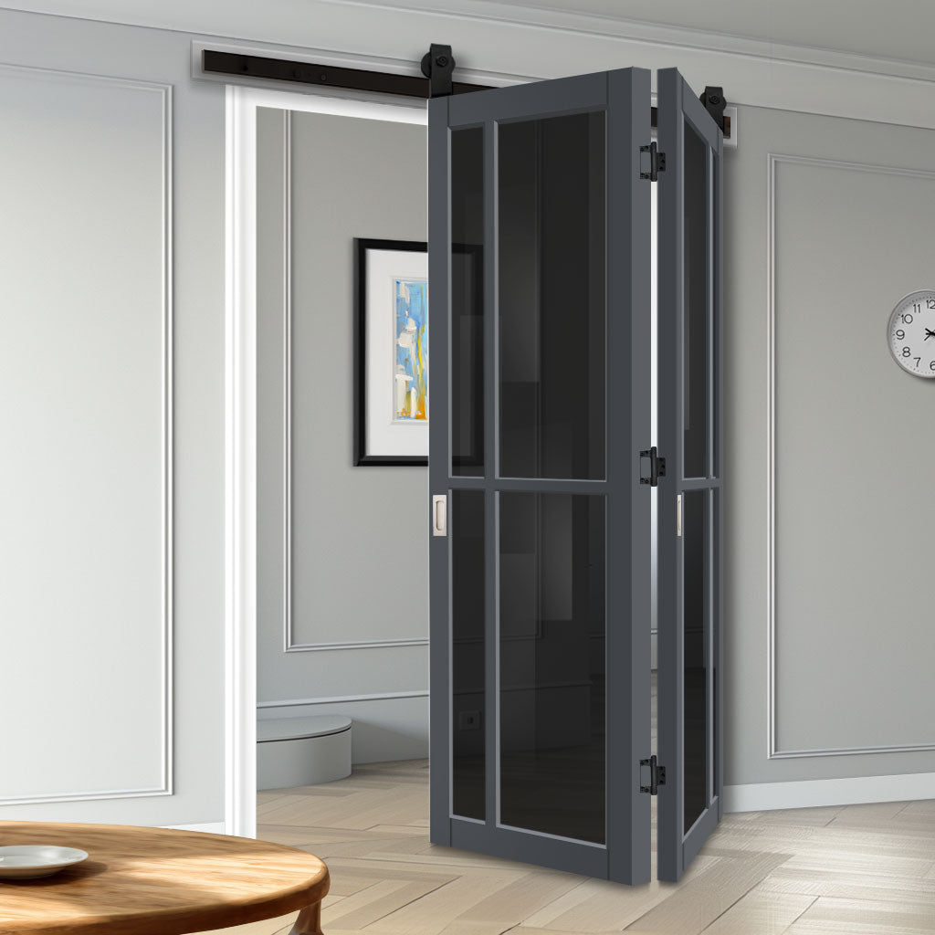 SpaceEasi Top Mounted Black Folding Track & Double Door - Handcrafted Eco-Urban Marfa 4 Pane Solid Wood Door DD6313 - Tinted Glass - Premium Primed Colour Options