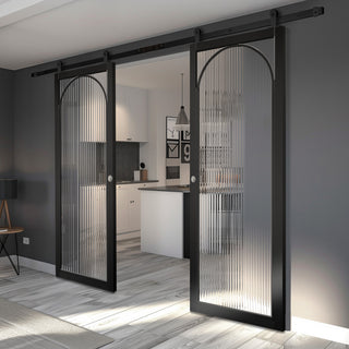 Image: Top Mounted Black Sliding Track & Double Door - Melrose Black Internal Door - Reeded Glass - Prefinished