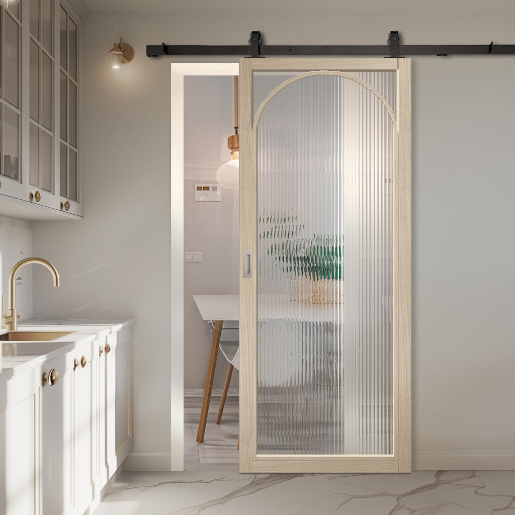 Top Mounted Black Sliding Track & Door - Melrose Blonde Oak Internal Door - Reeded Glass - Prefinished