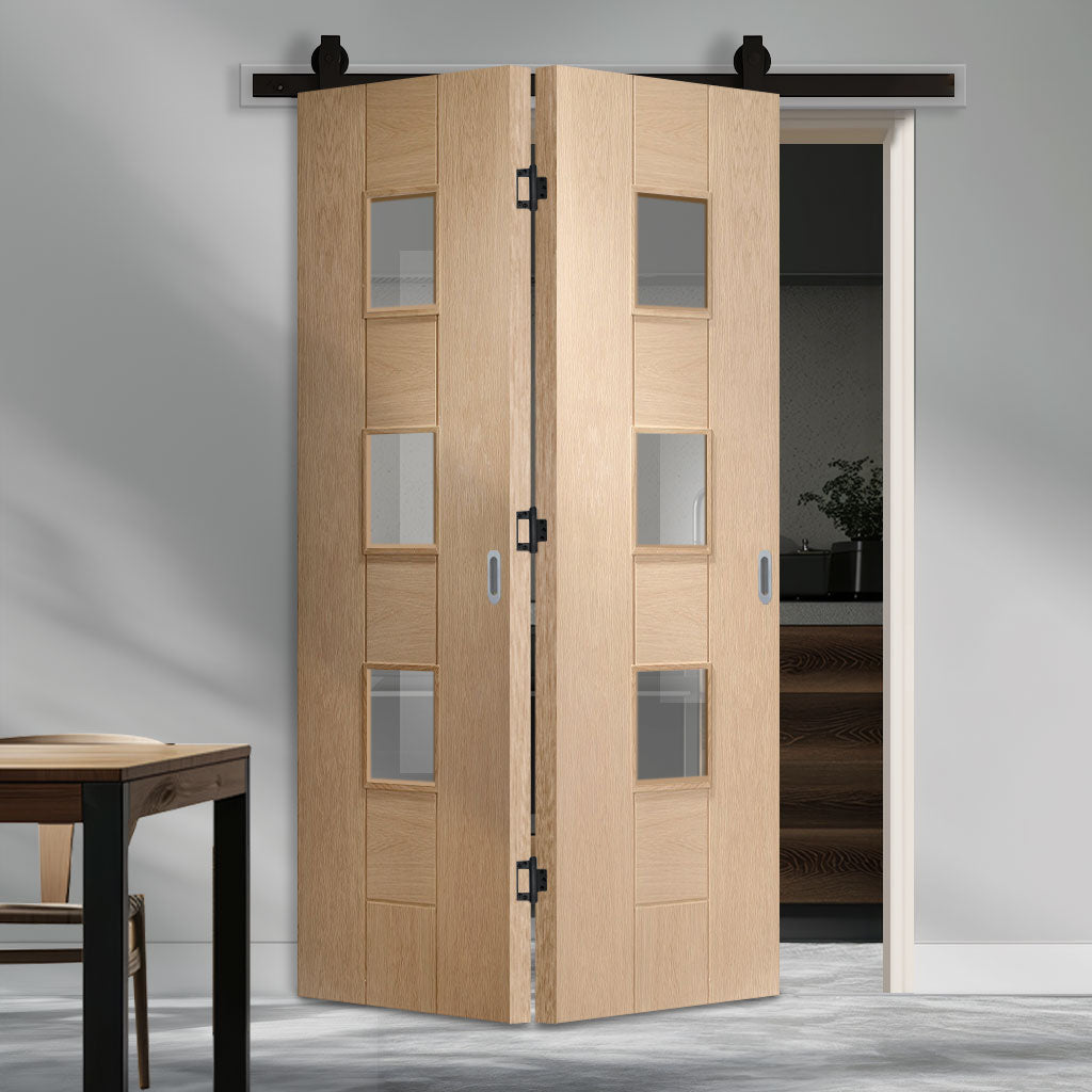 SpaceEasi Top Mounted Black Folding Track & Double Door - Messina Oak Door - Clear Glass - Prefinished