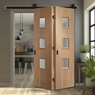 Image: SpaceEasi Top Mounted Black Folding Track & Double Door - Messina Oak Door - Obscure Glass - Unfinished
