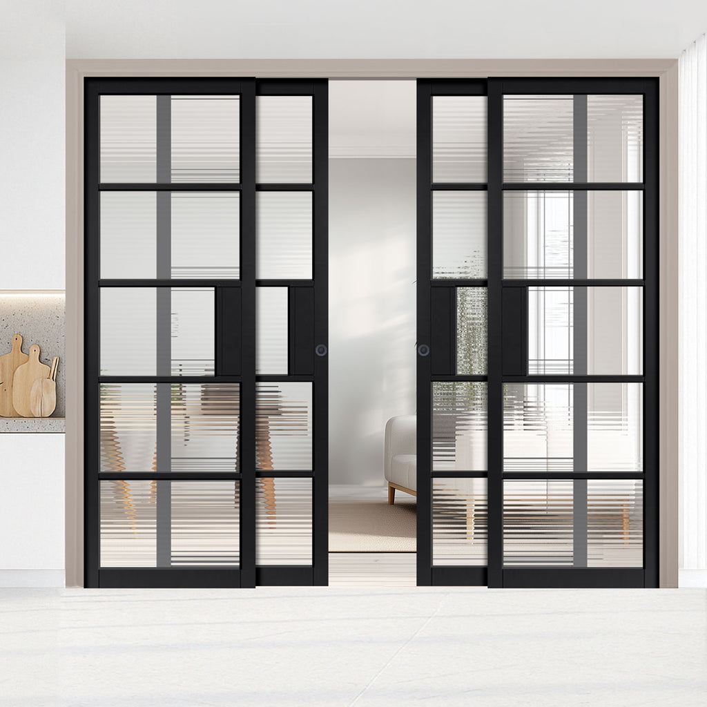 Metro Black Industrial Staffetta Quad Telescopic Pocket Doors - Reeded  Glass - Prefinished