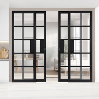 Image: Metro Black Industrial Staffetta Quad Telescopic Pocket Doors - Reeded  Glass - Prefinished