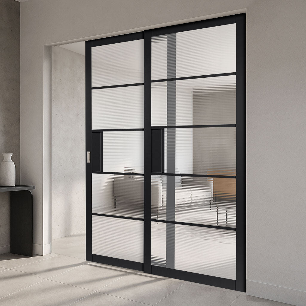 Metro Black Industrial Staffetta Twin Telescopic Pocket Doors - Reeded  Glass - Prefinished