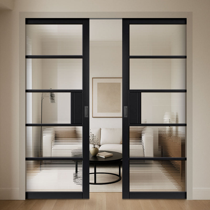 Metro Black Industrial Double Evokit Pocket Doors with Reeded  Glass - Prefinished