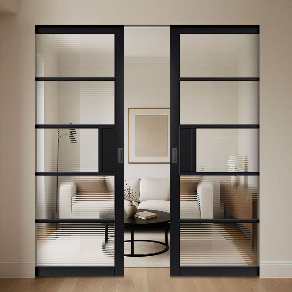 Metro Black Industrial Absolute Evokit Double Pocket Doors with Reeded  Glass - Prefinished