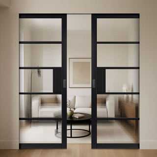 Image: Metro Black Industrial Absolute Evokit Double Pocket Doors with Reeded  Glass - Prefinished