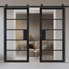 Top Mounted Black Sliding Track & Double Door - Metro Black Industrial Door with Reeded  Glass - Prefinished