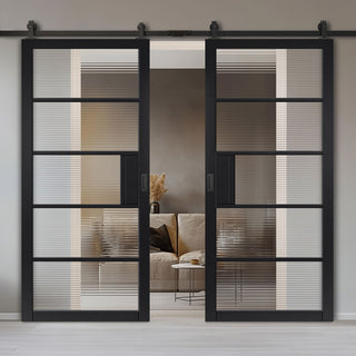 Image: Top Mounted Black Sliding Track & Double Door - Metro Black Industrial Door with Reeded  Glass - Prefinished