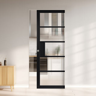 Image: Metro Black Industrial Single Absolute Evokit Pocket Door with Reeded  Glass - Prefinished