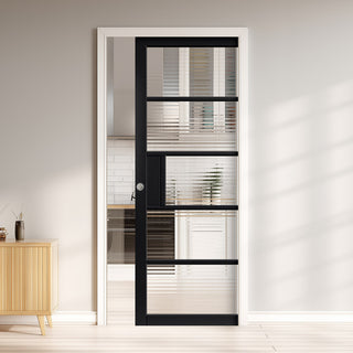 Image: Metro Black Industrial Single Evokit Pocket Door with Reeded  Glass - Prefinished