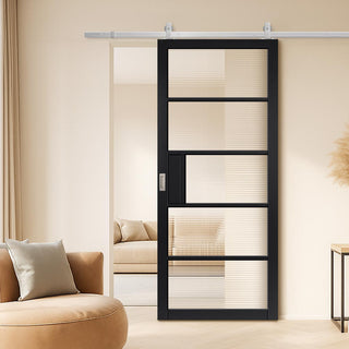 Image: Top Mounted Stainless Steel Sliding Track & Door - Metro Black Industrial Door with Reeded  Glass - Prefinished