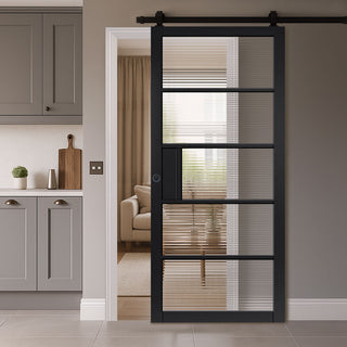Image: Top Mounted Black Sliding Track & Door - Metro Black Industrial Door with Reeded  Glass - Prefinished