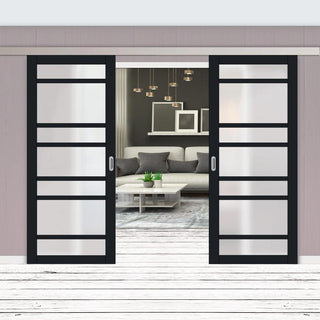 Image: Double Sliding Door & Premium Wall Track - Eco-Urban® Metropolitan 7 Pane Doors DD6405SG Frosted Glass - 6 Colour Options