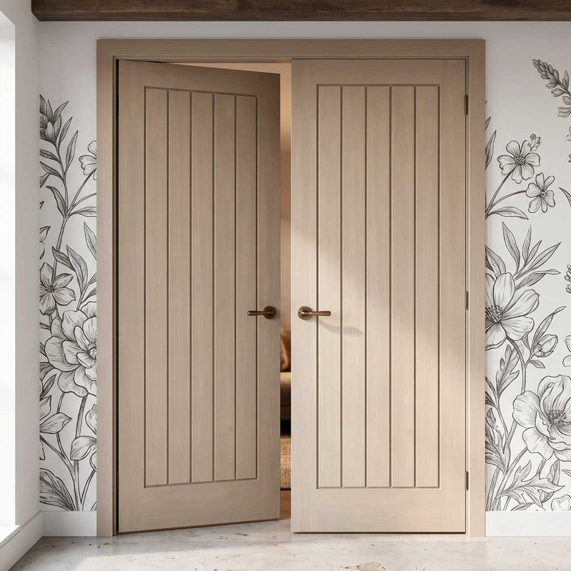 Mexicano Blonde Oak Internal Door Pair - Vertical Lining - Prefinished