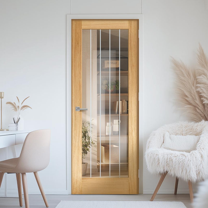 Mexicano Pattern 10 Oak Internal Door - Clear Glass Frosted Lines - Prefinished