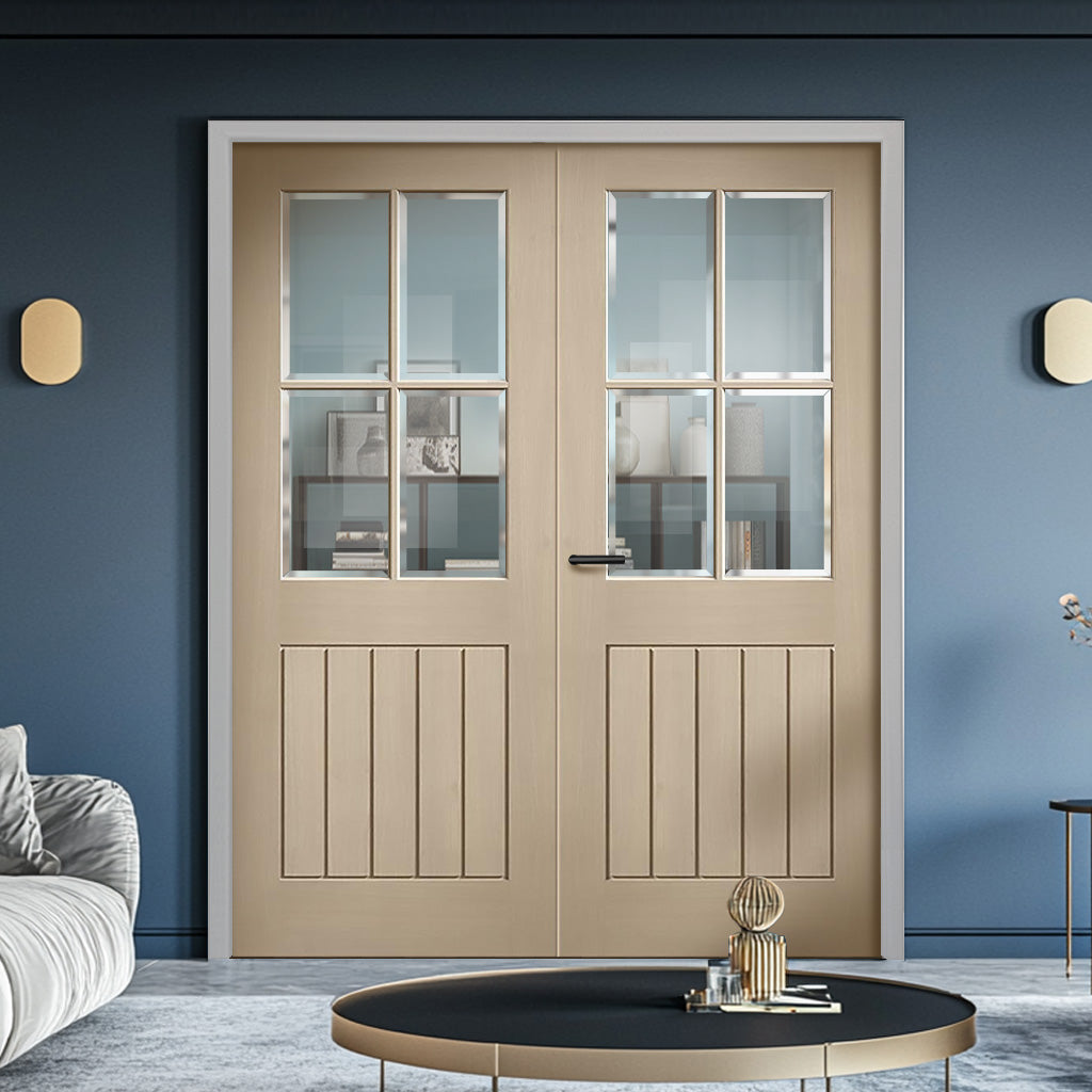 Mexicano Blonde Oak Internal Door Pair - Vertical Lining - Clear Bevel ...