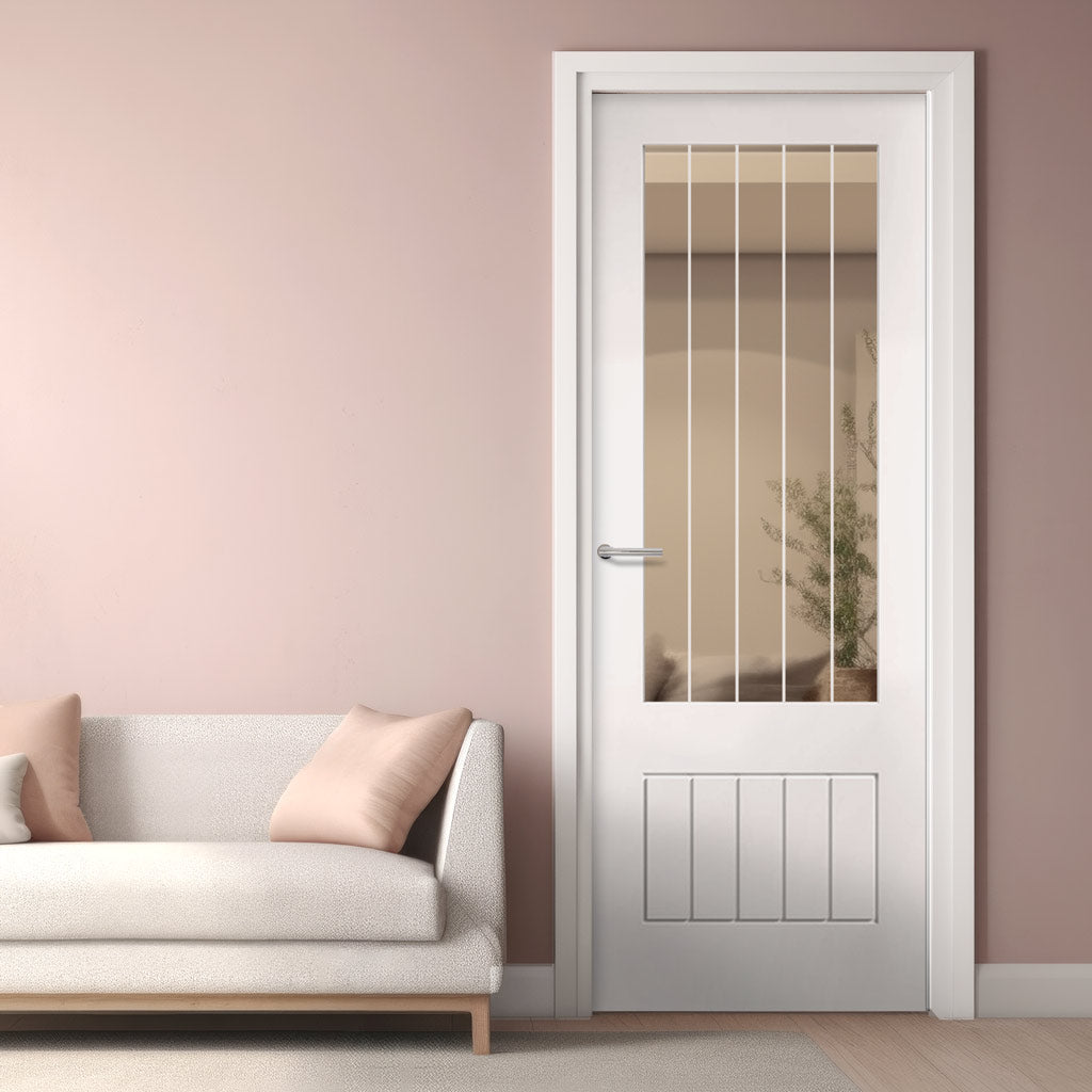 Mexicano White Primed Doors - 3/4 Clear Glass with Frosted Lines