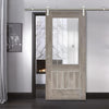 Saturn Tubular Stainless Steel Sliding Track & Laminate Mexicano Light Grey Door - Etched Clear Glass - Prefinished