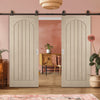 Top Mounted Black Sliding Track & Double Door - Mexicano Oak Internal Door - Arched Square Top & Vertical Lining - Prefinished