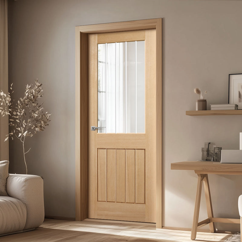 Mexicano Oak Door - Clear Glass Frosted Lines - 1/2 Hour Fire Rated - Prefinished