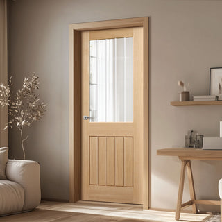 Image: Mexicano Oak Door - Clear Glass Frosted Lines - 1/2 Hour Fire Rated - Prefinished