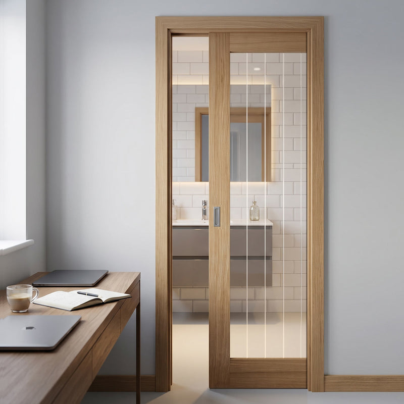 Mexicano Oak Pattern 10 Single Evokit Pocket Door - Clear Glass - Frosted Lines