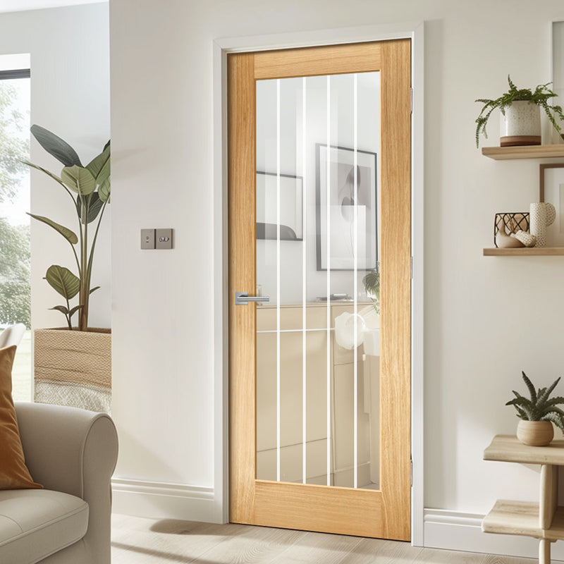 Mexicano Pattern 10 Oak Door - Clear Glass Frosted Lines - 1/2 Hour Fi ...