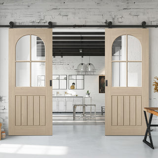 Image: Top Mounted Black Sliding Track & Double Door - Mexicano Oak Internal Door - Arched Square Top - Clear Glass - Prefinished