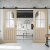 Top Mounted Black Sliding Track & Double Door - Mexicano Oak Internal Door - Arched Square Top - Clear Glass - Prefinished