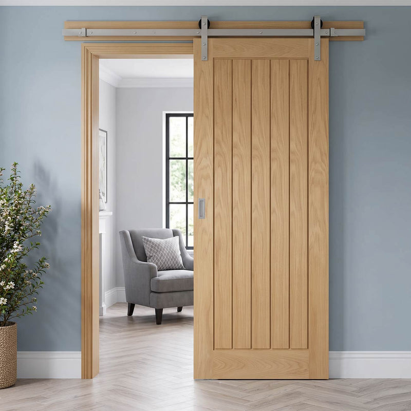 Single Sliding Door & Stainless Steel Barn Track - Mexicano Oak Door - Unfinished
