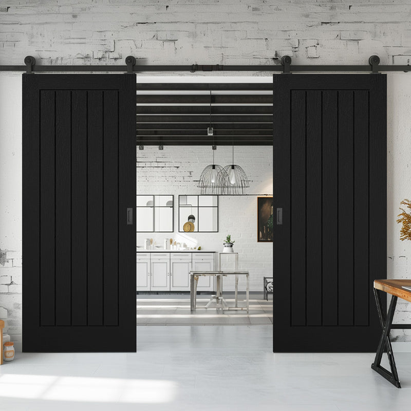 Top Mounted Black Sliding Track & Double Door - Mexicano Black Internal Door - Vertical Lining - Prefinished