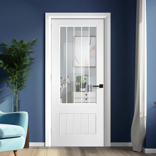 Image: EasiKit Internal Door and Frame Kit - Mexicano White Primed Doors -  3/4 Clear Glass with Frosted Lines