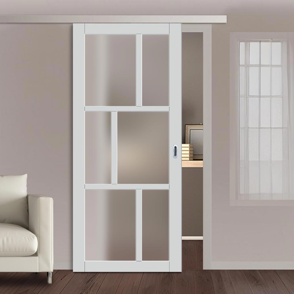 Single Sliding Door & Premium Wall Track - Eco-Urban® Milan 6 Pane Door DD6422SG Frosted Glass - 6 Colour Options